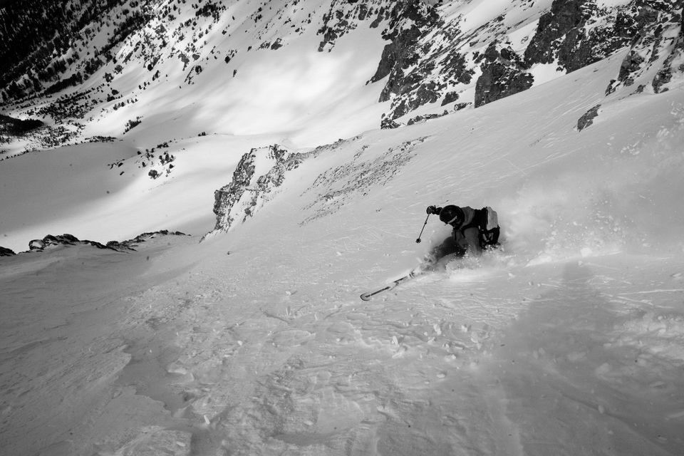 Charging the Steeps. Christopher Cook charges the steep northwest gully on a hometown mountain.