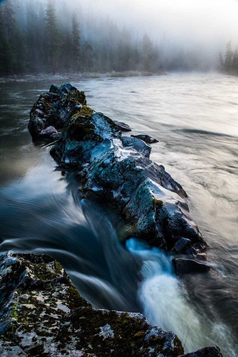 Daybreak and Mist No. 2, Salmon River, Idaho. Rocks on a misty Salmon River.