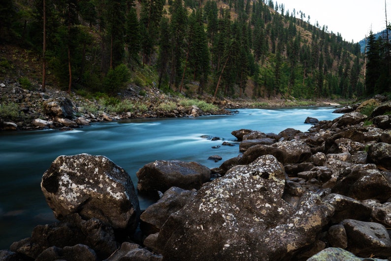 Main Salmon River from Hida Creek, Idaho. A 30-second exposure of the Main Salmon River at dusk from Hida Creek camp.