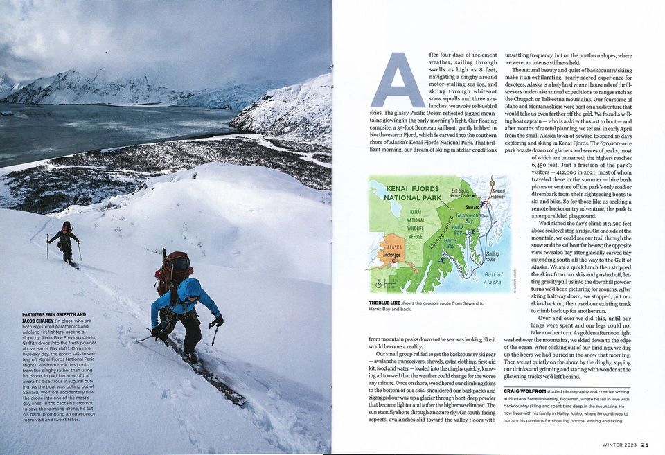 National Parks Magazine: Kenai Fjords peak-to-ski story, photograph by Craig Wolfrom