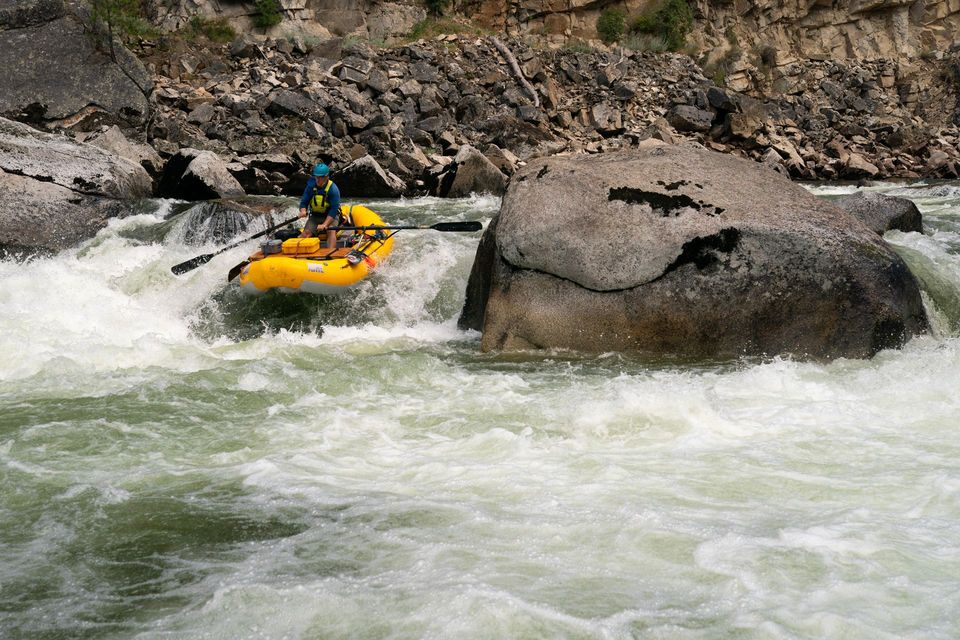 South Fork of the Salmon. Matt Leidecker takes a drop in his AIRE raft with the river at 2.5 feet.