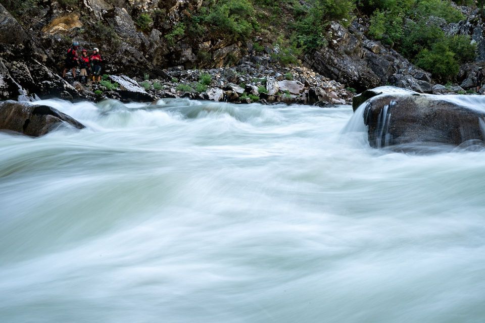 South Fork Scouting. The crew scouts one of the first rapids of the day on the South Fork of the Salmon.
