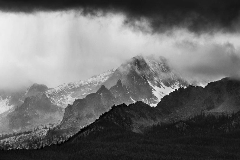 Storm over Decker Peak, Sawtooth Mountains, Idaho. Storm clouds pass over Decker Peak in the Sawtooth Mountains. Black and white.